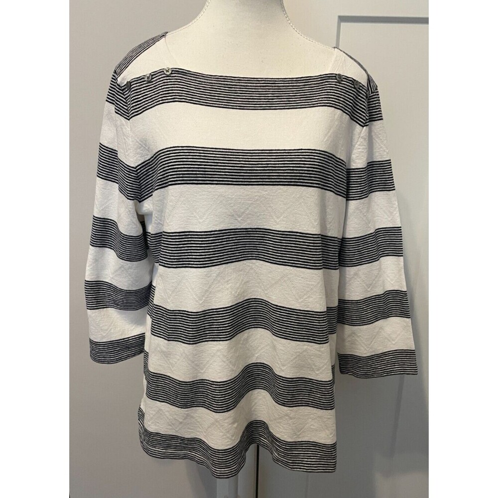 TALBOTS Womens Knit TOP 3/4 Sleeve BLUE White STRIPE Boatneck Size 2X